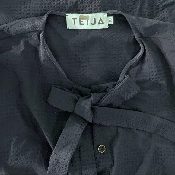 Teija Navy Blue Frill Blouse Button Front Long Puff Sleeves Silk Seersucker 16 - Picture 8 of 9